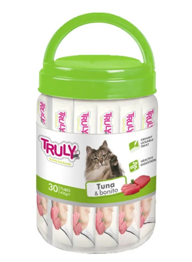 مكافآت كريمية للقطط قابلة للحس – نكهة التونة والبونيتو – طبيعية 100% ومنخفضة السعرات – 70 جم (30 أنابيب × 14 جم)